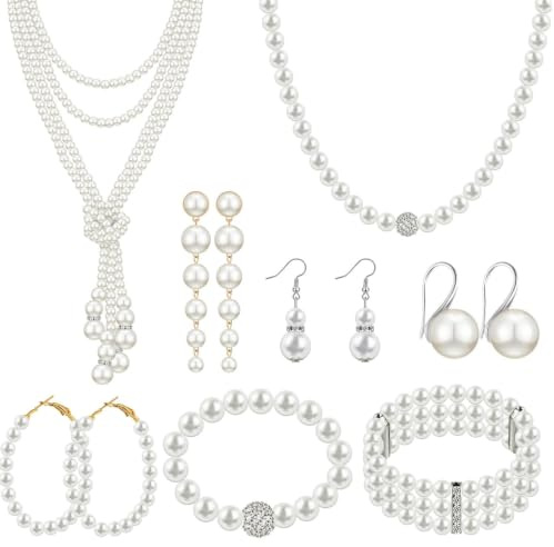 Zmupl Perlen Schmuck Set Damen, Perlenarmband Perlenkette Lang & Perlen Ohrringe, 3-reihigem Stretch-Armband Elegantes Perlenschmuck Set 1920s Party Abschlussball Hochzeit Casino Outfit Damen