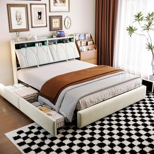 YubNct Cama de Matrimonio 140x200 cm con 4 Cajones y Almacenaje, Cama Queen Size Tapizada con Luces LED, Puerto USB y Cabecero, Estructura de Cama con Somier de Madera, Beige (Sin Colchón)