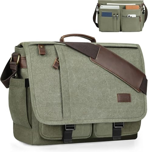ESTARER Laptoptasche 17 Zoll Umhängetasche Herren Canvas für Arbeit Uni Grau, Armeegrün