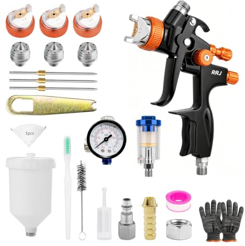 HVLP - Pistola a spruzzo professionale con 3 ugelli da 1,3 mm/1,7 mm/2,0 mm, pistola a spruzzo professionale a gravità, con misuratore di pressione in plastica da 600 ml