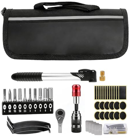 FELIXIZ Fahrrad Reparaturset mit Mini-Ratsche, Fahrradpumpe & Flickzeug | Kompaktes Fahrradwerkzeug mit 72-Zahn-Ratsche & Tasche，Schnelle Pannenhilfe für MTB, Rennrad & Gravelbike