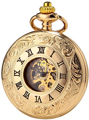 SEWOR Double Open Herren Analog Mechanische Handaufzugstaschenuhr mit Edelstahlarmband SEW124 (Gold)