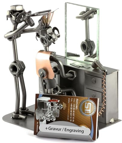 Steelman24 Schraubenmännchen Friseur mit Spiegel und Kartenhalter & Gravur | Made in Germany,Handarbeit,Geschenkidee,Stahlfigur,Metallfigur