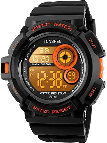 TONSHEN Men's LED Digital Electronic Military Watch Multi Function 12H/24H Time 164FT 50M Water Resistant Simple Design Sport Watches (Orange)