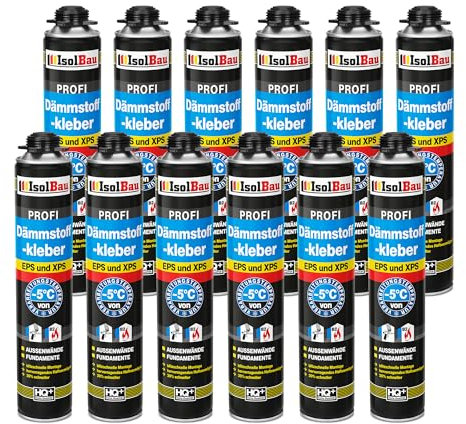 Isolbau B2 Dämmstoffkleber - 12 x 750 ml Perimeterkleber für EPS- & XPS-Platten - 1K PU-Klebeschaum für Fixieren und Isolieren