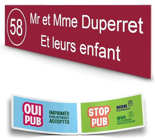 DECOHO - Plaque boîte aux lettres personnalisée adhésive - bordeaux lettres blanches - 100x25 mm - 2 lignes + stickers STOP PUB offe - Bordeaux