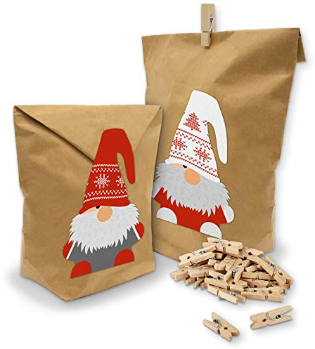itenga DIY 10x Geschenktüten Set Wichtelbande Wichteltüten Weihnachten Klammern + Sticker Geschenk Deko Kleinigkeit Wichtel