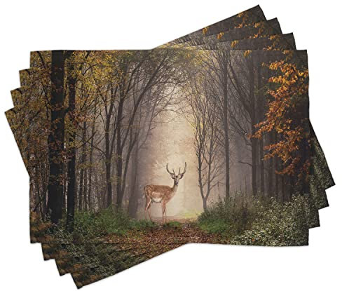 ABAKUHAUS Tierwelt Platzmatten, Deer Mystischer Wald, Waschbare Stoff Esszimmer Küche Tischdekorations Digitaldruck, Taupe Karamell