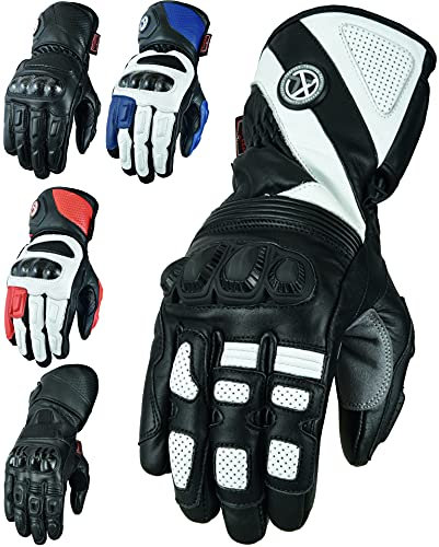 Texpeed Motorcycle Mens Leather Riding Gloves Motorbike Moped Biker Breathable CE Knuckle Armour Protection White & Black - L
