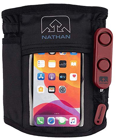 Nathan Phone Armband Case with Personal Alarm Ripcord Included. See-Thru Touchscreen Pocket with Headphone Port. SafeRun Siren in Case of Emergency 120DB. For Running, Waking, Hiking, Biking and more.