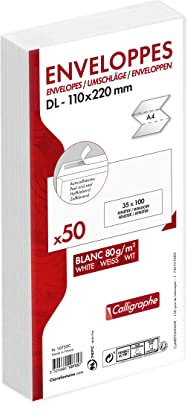 Clairefontaine 10735C - Packung mit 50 Umschlägen Calligraphe DL-110x220mm, selbstklebend, 80g, mit Sichtfenster 35x100 (20/20), Weiß, 1 Pack