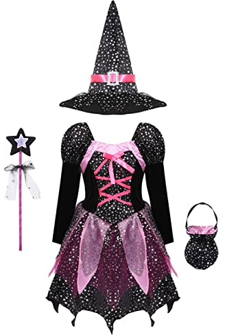 Alvivi Enfant Fille Déguisement Sorcière Costume Cosplay Halloween Carnaval Fête Princesse Robe + Chepeau +Baguette + Sac De Bonbons 3-10 Ans Noir 3-4 ans