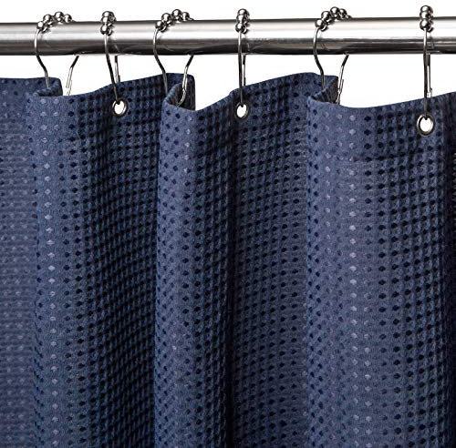 VANZAVANZU Rideau de Douche Motif Gaufre avec Anneaux en Métal Imperméable Anti-Moisissures Polyester Tissu Rideau Salle de Bain Lourd pour Baignoire Cabine de Douche - 182x182CM (Bleu Marine)