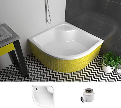 ECOLAM® Duschwanne tiefe Duschtasse Viertelkreis Dante mit Sitz 90x90 x 41 x 28 cm zum Verfliesen Styroporunterseite + Siphon Click Clack