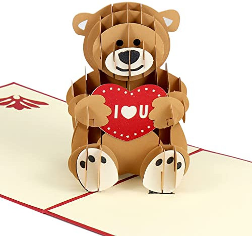 yumcute Pop Up Karte, Teddybär mit I LOVE YOU - süße 3D Geburtstagskarte für Kinder, Frau oder Freundin, Liebeskarte mit Teddybär zum Hochzeitstag oder Geburtstag