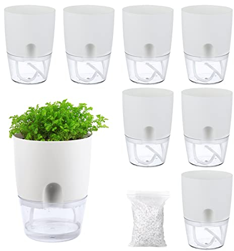 Planterhoma Selbstbewässernde Töpfe für Zimmerpflanzen, Blumentöpfe im Freien, 8 Stück, klein, selbstbewässernder Übertopf, Pflanztöpfe mit dekorativen Steinen, Blumentöpfe für Innenbereich, Weiß