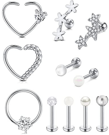 Funseedrr 10stk Tragus Helix Piercing Ohrring Stecker Chirurgenstahl 16G 6mm 8mm Ohrpiercing Knorpel Daith Conch Rook Piercing Schmuck Silber