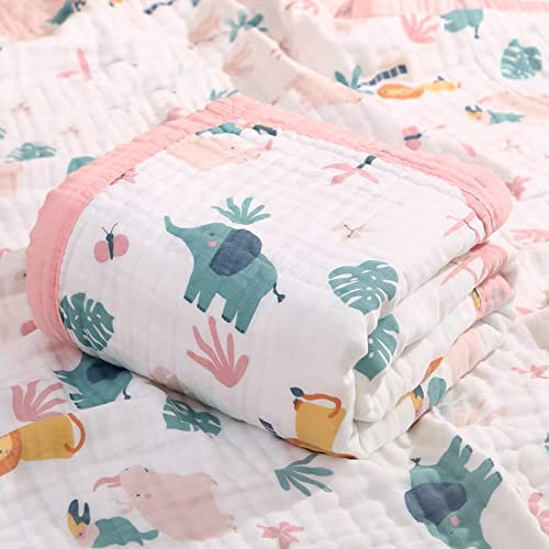 Hivia Musselin Decke 6 Lagig Kuscheldecke Baby Baumwolle 110 x 110 cm Musselin Babydecke Wickeldecke Weiche Decke für Badetuch,Kinderdecke Neugeborene Unisex (Rosa Elefant)