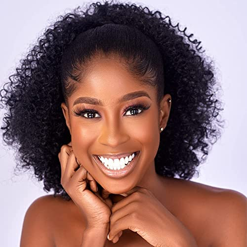CECINILL - Extensión de cabello rizado estilo Afro con cordón para mujeres afroamericanas, pelo sintético, extensiones de cabello recogido con dos clips, 1B
