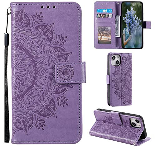 EYZUTAK Case for iPhone 14, Premium Leather Flip Wallet Case with Card Slots Holder Kickstand Hand Strap Mandala Half Flower Design Embossed Shockproof Cover Case - Purple