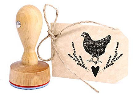 Stempel Huhn mit Gräsern und Herz - Rundstempel klein Eierstempel Eier von glücklichen Hühnern - 19x16 mm