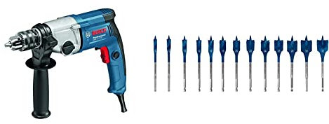 Bosch Professional Bohrmaschine GBM 13-2 RE (inkl. Zahnkranzbohrfutter 1,5-13mm, Karton) + 13x Expert SelfCut Speed Flachfräsbohrer Set (für Weichholz, Grobspanplatte, Ø 10-32 mm, Zubehör)