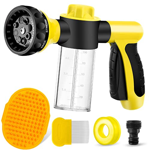 8-in-1 Dog Sprayer with Shower Brush and Grooming Comb, Garden Hose Nozzle Fit 3/4 Inch Standard Hose for Watering Flowers, Car Washing, Pet Bathing Outdoors (Yellow)