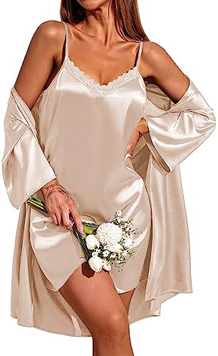 Ekouaer Abito da donna in raso con camicia da notte sexy Set vestaglia in due pezzi Babydoll Sleepwear champagne XL