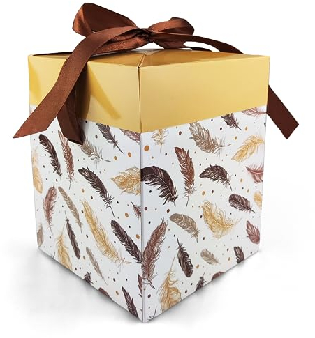 Netuno Geschenkbox 12x12x15 cm mit Deckel Schleife, Weiß Gold, Hochzeit