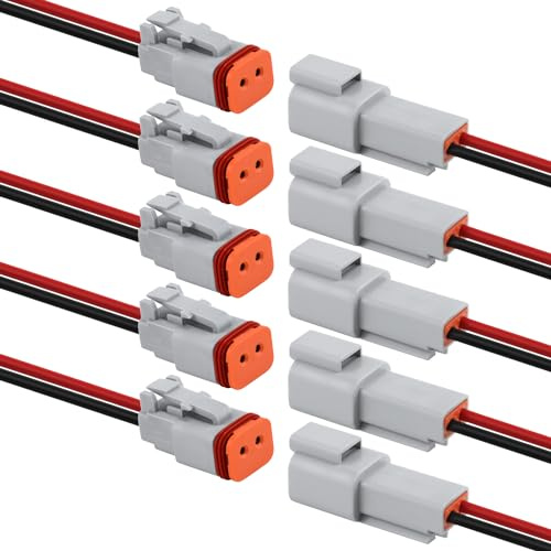 5 Sets DT 2 Pin Electrical Connectors for Deutsch | Waterproof, Automotive, Male & Female Plug Wiring Harness with 16 AWG Cable Wire for Car Truck Boat Motorcycle, Grey