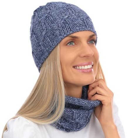 Damen Wurm Winter Kombi Set Thermofutter Mütze Winter Schal und passender Strickmütze/Beanie (686) (Melange Blau)