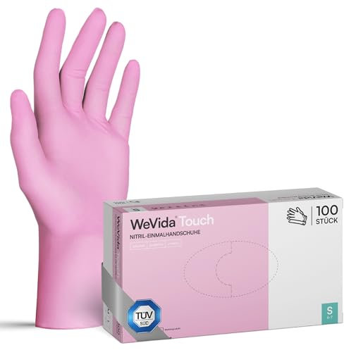 WeVida® Touch Lot de 100 gants jetables, en caoutchouc, résistants à la déchirure, sans latex, sans poudre, pour la cuisine, le nettoyage, le tatouage et le soin des ongles - Rose