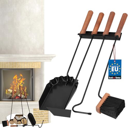 KOTARBAU® Juego de utensilios para chimenea, color negro, modernos, accesorios para estufa, juego de cepillo, pala, rascador de cenizas, juego de limpieza de acero y madera, accesorios para chimenea