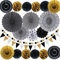 LRCXL Party Decorations, 21Pcs Black and Gold Hanging Paper Fans, Pom Poms Flowers, Pennant, Garland String, Banner for Birthday Parties Wedding Décor, Table & Wall Decorations