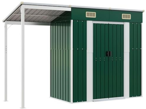 vidaXL Garden Shed, Outdoor Storage Shed with Extended Roof, Tool Shed for Lawn Garage Yard, Metal Garden Storage Unit, Green Steel