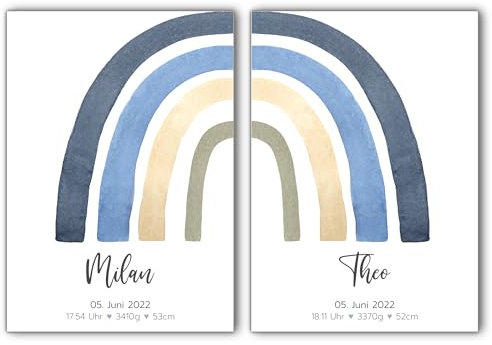 Poster 2er Set Zwillinge Geschwister | Kinderzimmrer | Wanddeko | Geburtsdaten personalisiert | Geburtsposter | Regenbogen | Junge oder Mädchen (Blau)