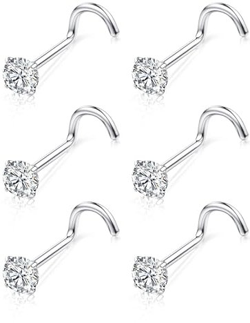 Chriscoco 6stk Nasenpiercing G23 Titan Nasenpiercing Stecker Screws Nasenstecker Nostril Piercing Nasenpiercing Set Damen Herren Nase Piercing Schmuck 3mm CZ Nasenpiercing Silber 20G