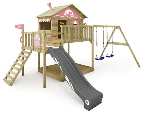 WICKEY Aire de Jeux Smart Coast portique en Bois avec balançoire et Toboggan, Tour d'escalade pour Enfants avec bac à Sable, échelle et Accessoires de Jeu pour Le Jardin. (Rose Pastel)