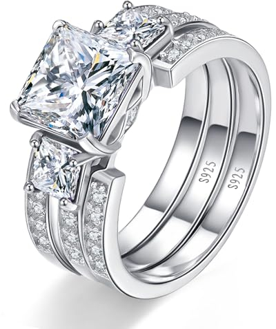 Yaresul Silber Ringe 925 Frauen 3 Karat Prinzessin Schliff Ehering Sets für Damen Silber Ringe Set Weiß Cubic Zirkonia Stackable Verlobungsring Damen, Größe 61(19.4)