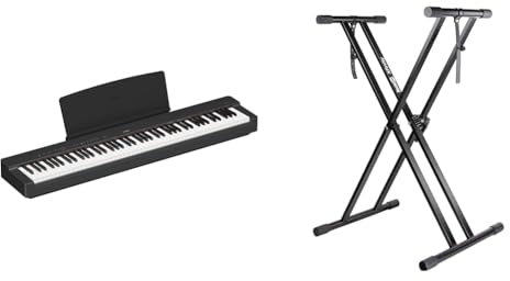 Yamaha P-225 Digital Piano with 88 Graded Hammer Compact Keys and 24 Instrumental Voices & RockJam XX-363 Xfinity Doublebraced Pre Assembled Keyboard Stand with Locking Straps & Lessons.,Black