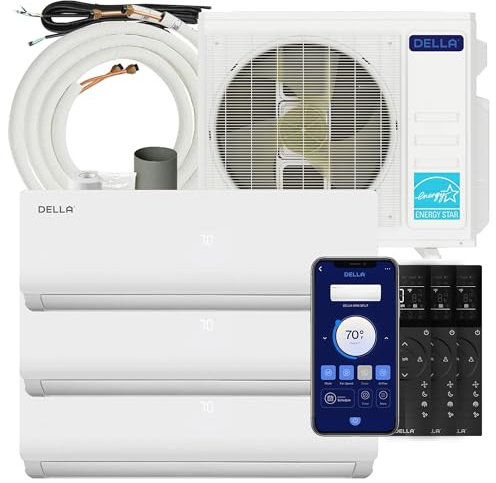 DELLA 28K BTU ODU Tri 3 Zone 9K 9K 9K BTU,20 SEER2 208-230V Cools Up to 1200 Sq.Ft, Works with Alexa and Wifi, Energy Efficient, Multi Zone Mini Split AC,Pre-Charged Heat Pump, 16ft Installation Kits