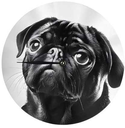 BEIVGOXL Niedliche schwarze Mops-Uhr, bedruckt, dekorative Uhr, 25,4 cm, leise, nicht tickende Kunststoff-Wanduhr, moderne Wind-Wanduhr für Wohnzimmer, Hotel, Büro, Schlafzimmer, Wohnzimmer
