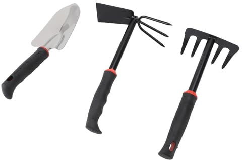 Glomora 3-teiliges Gartenwerkzeug-Set, Eisen, Edelstahl, fünf Zähne, Rechen, Hacke, Schaufel mit Kunststoffgriff, Garten-Handwerkzeuge zum Lösen des Bodens, Jäten, Graben
