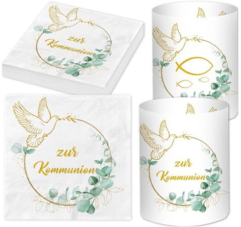 20 Stück Servietten Kommunion + 12 Windlicht Tischdeko+ 60 Holzfische Streudeko, Kommunion Deko Junge Mädchen Eukalyptus Grün, Erstkommunion Kommunion Geschenke Gastgeschenke, Kommunionsgeschenke