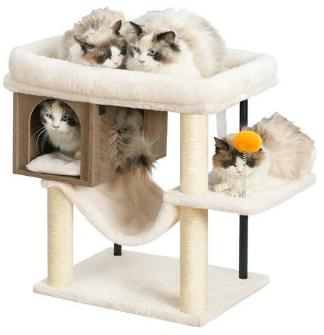 Heybly Arbre À Chat, Grande Plateforme 54 x 40 cm en Peluche, Maison en Bois, Hauteur 57.5 cm, Ses Tubes en Fer Et Base Large Procurent Bonne Stabilité, Parfait pour Chats Gras,Gris HCT017SG