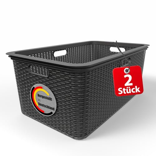 BigDean 2 Stück Wäschekorb 59x39x26 cm Rattan Design – Wäschewanne Made in Germany