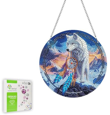 Ginfonr Diamond Painting Kits Anhänger Wolf Diamond Fensterdeko Hängend, Traumfänger Diamantmalerei Türkranz Sommer für Türdeko, Doppelseitige Deko Hängend für Fenster (20x20 cm)