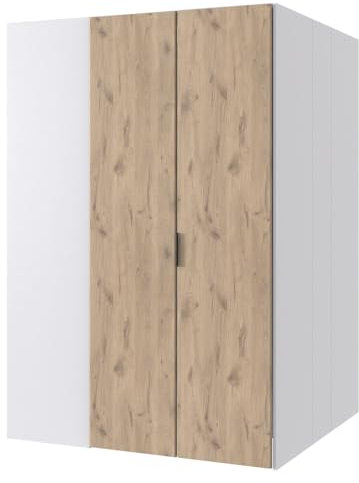 Lomadox Jugendzimmer-Eckkleiderschrank 135x197x127 cm in weiß mit Eiche, begehbar, Kleiderstange, Einlegeböden