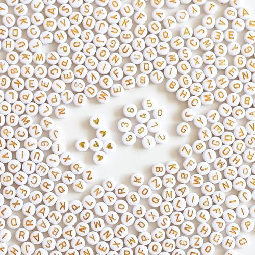 DAHI 1400pcs buchstaben perlen für armbänder selber machen perlen buchstabenz Zahlen perlen acryl rund alphabet perlen zum armbänder und bunte herz perlen für schmuck DIY crafts (Gold)