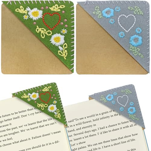 2 Stück handbestickte Eck-Lesezeichen, AIFUDA Filzdreieck-Lesezeichen, Filzherz und Blumen, Lesezeichen zum Lesen von Frauen, Lesezeichen, Zubehör für Buchliebhaber